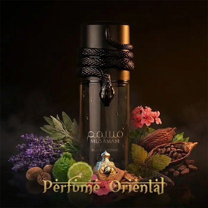 Perfume árabe Musamam Black Intense 100ml Lattafa frasco oscuro con cuerda y notas especiadas intensas