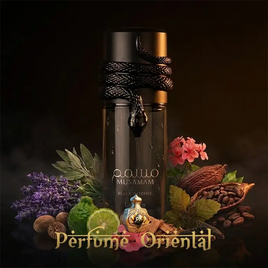 Perfume árabe Musamam Black Intense 100ml Lattafa frasco oscuro con cuerda y notas especiadas intensas