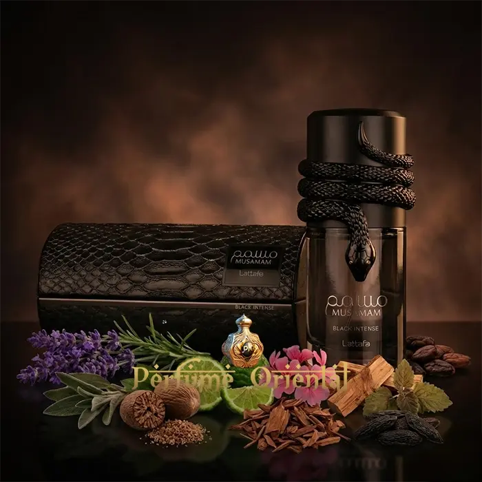 Musamam Black Intense Eau de Parfum 100ml Lattafa perfume oriental intenso con estuche y carácter amaderado