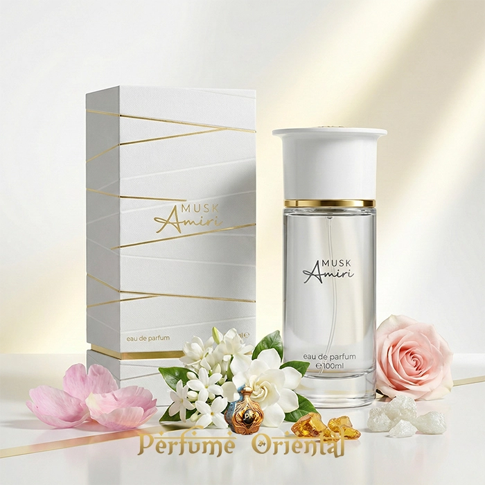 Musk Amiri Ahmed Al Maghribi perfume árabe 100ml con caja original, flores blancas y rosas, composición floral elegante, perfumería oriental de lujo