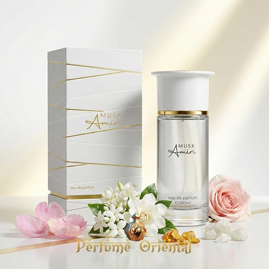 Musk Amiri Ahmed Al Maghribi perfume árabe 100ml con caja original, flores blancas y rosas, composición floral elegante, perfumería oriental de lujo
