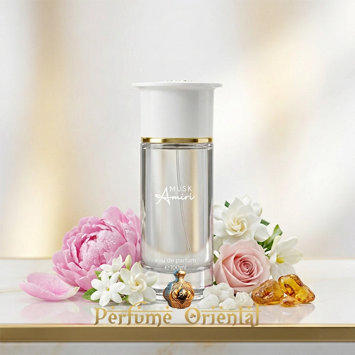 Musk Amiri Ahmed Al Maghribi eau de parfum 100ml frasco con flores rosas y blancas, cristales de ámbar, perfume floral almizclado árabe de lujo
