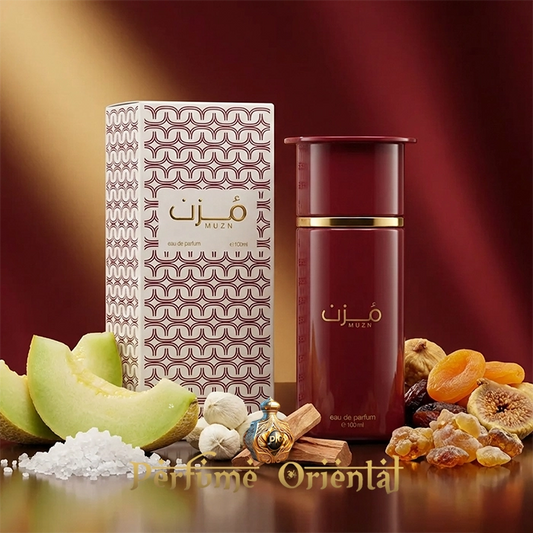 MUZN perfume Ahmed Al Maghribi Eau de Parfum 100ml perfume árabe acuático ambarado botella con caja melón resinas ámbar fragancia nicho