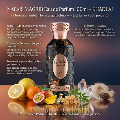 perfume arabe Nafais Magrib Khadlaj notas yuzu pomelo mandarina galbanum 100 ml