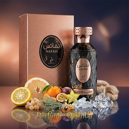 perfume arabe Nafais Magrib Khadlaj con caja citrico fresco almizclado 100 ml