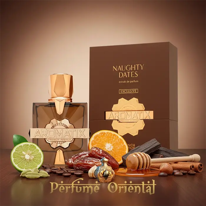 Naughty Dates Extrait de Parfum Aromatix x French Avenue, perfume gourmand oriental con dátiles, miel, vainilla, caramelo, sándalo y ámbar, frasco y caja oficial