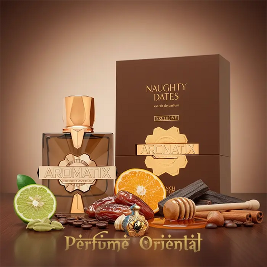 Naughty Dates Extrait de Parfum Aromatix x French Avenue, perfume gourmand oriental con dátiles, miel, vainilla, caramelo, sándalo y ámbar, frasco y caja oficial