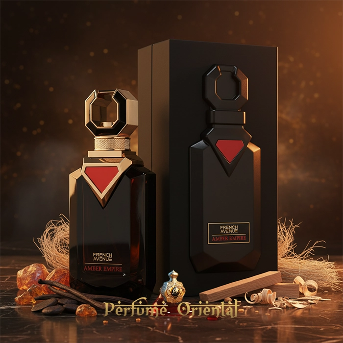 Perfume masculino AMBER EMPIRE botella negra de lujo con detalles dorados
