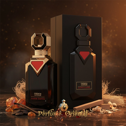 Perfume masculino AMBER EMPIRE botella negra de lujo con detalles dorados