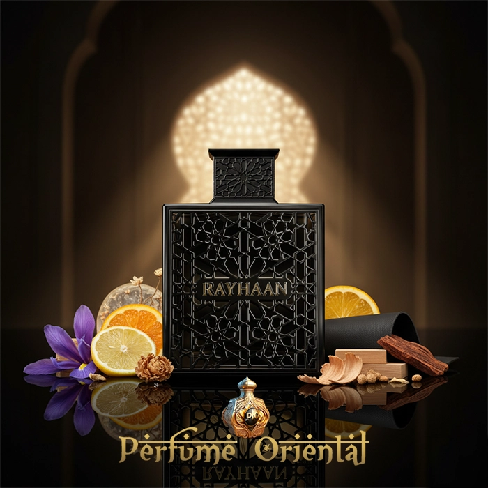RAYHAAN OBSIDIAN 100ML EDP, perfume árabe unisex, fragancia oriental de lujo con iris, cítricos, cuero suave y oud, fotografía premium exclusiva para Perfume Oriental.