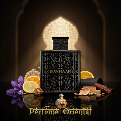 RAYHAAN OBSIDIAN 100ML EDP, perfume árabe unisex, fragancia oriental de lujo con iris, cítricos, cuero suave y oud, fotografía premium exclusiva para Perfume Oriental.