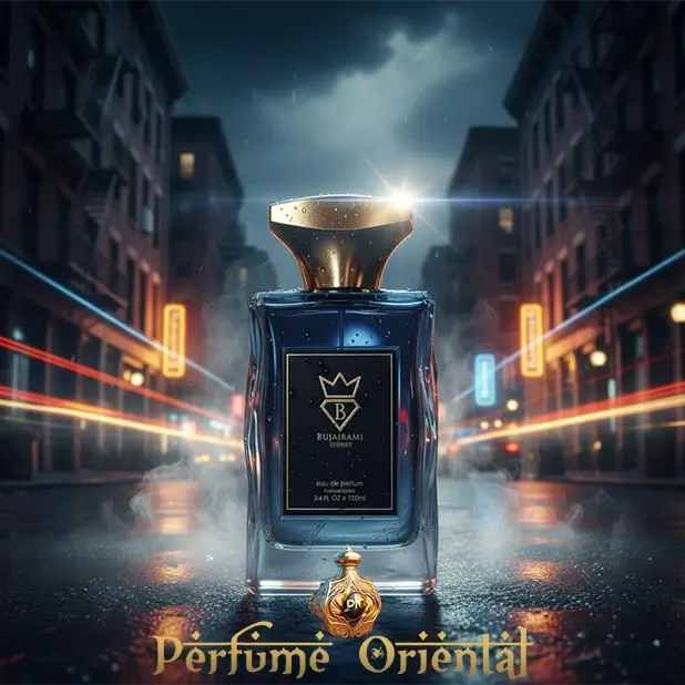 Perfume árabe New York 100ml Bujairami Perfumes frasco azul en ciudad nocturna con estilo urbano
