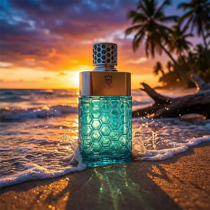 Perfume árabe No Limit 100ml Bujairami Perfumes frasco azul en playa tropical con estilo fresco veraniego