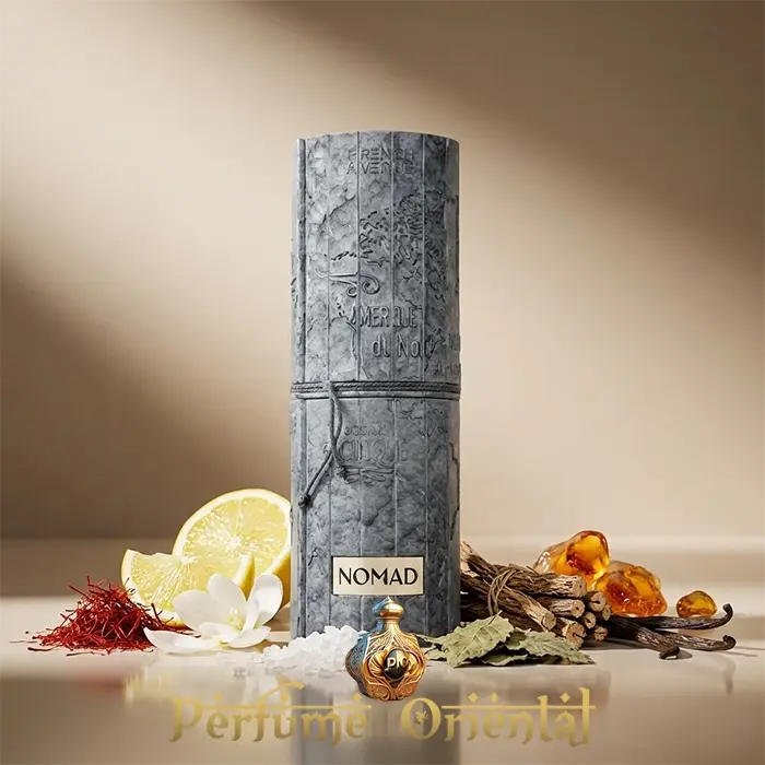 Packaging Nomad French Avenue perfume oriental masculino de lujo con acorde cítrico especiado, corazón marino y base ambarada