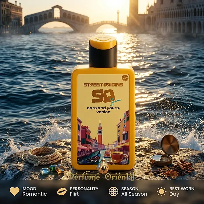 Perfume Oars and Yours Venice Street Origins 75ml Extrait Fragrance World con canal de Venecia al atardecer