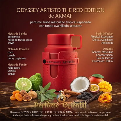 odyssey artisto red edition armaf perfume arabe notas bergamota coco canela frutas tropicales haba tonka vainilla ambar