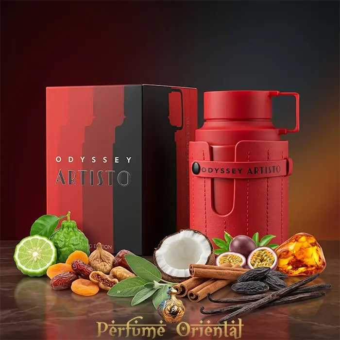 odyssey artisto red edition armaf perfume arabe masculino 100ml con caja original fragancia tropical dulce con coco vainilla y especias