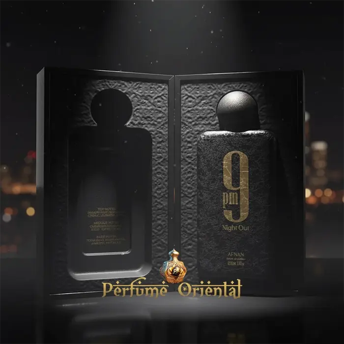 9 PM Night Out Extrait de Parfum Afnan presentación premium en caja negra, perfume árabe de lujo unisex, fragrance oriental niche, fondo nocturno elegante