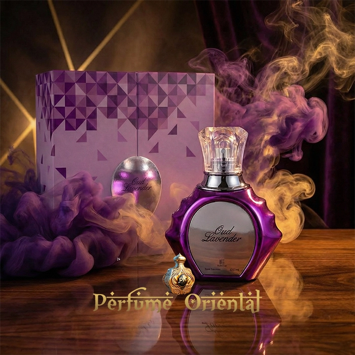 Oud Lavender 75ml Ahmed Al Maghribi perfume árabe con frasco violeta y caja geométrica, ambientación de humo púrpura, fragancia oriental unisex con oud y lavanda