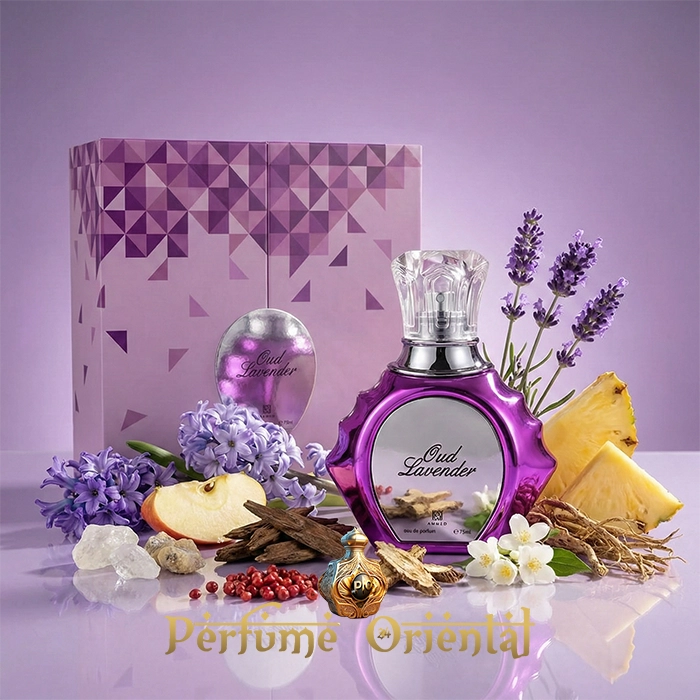 Oud Lavender Ahmed Al Maghribi 75ml perfume oriental con lavanda, piña, manzana, flores blancas y oud, fragancia floral amaderada almizclada unisex