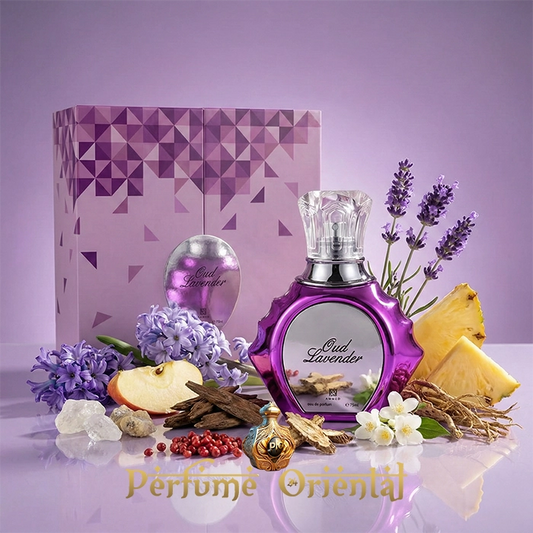 Oud Lavender Ahmed Al Maghribi 75ml perfume oriental con lavanda, piña, manzana, flores blancas y oud, fragancia floral amaderada almizclada unisex