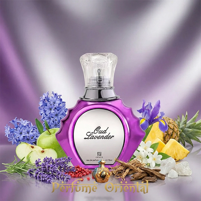 Oud Lavender 75ml perfume oriental Ahmed Al Maghribi con lavanda, iris, jazmín, oud, vetiver y ambroxan, fragancia floral amaderada de lujo unisex