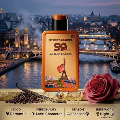 Perfume Oui Belong in Paris Street Origins 75ml Extrait Fragrance World con Torre Eiffel al atardecer, fragancia oriental romántica y elegante