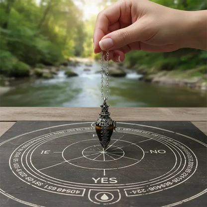 Hand holding a pendulum over a black mat with astrological symbols and a blurred natural background