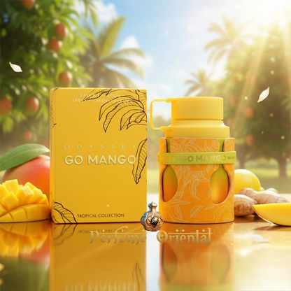 Perfume ARMAF ODYSSEY GO MANGO Eau de Parfum unisex con caja tropical y notas de mango, jengibre y vainilla