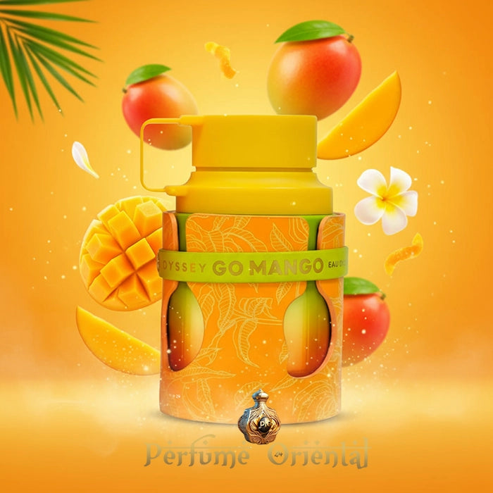 ARMAF ODYSSEY GO MANGO perfume oriental floral unisex con frasco amarillo y acorde tropical de mango exótico