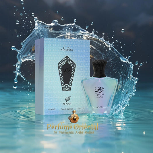 Perfume Turathi Electric de Afnan con estuche – fragancia unisex cítrica oriental sobre fondo acuático