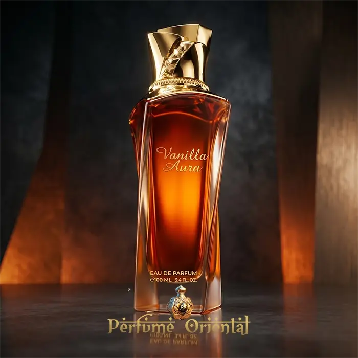 Vanilla Aura Eau De Parfum Maison Asrar Botella Hero Shot Dorada Fragancia Vainilla De Lujo