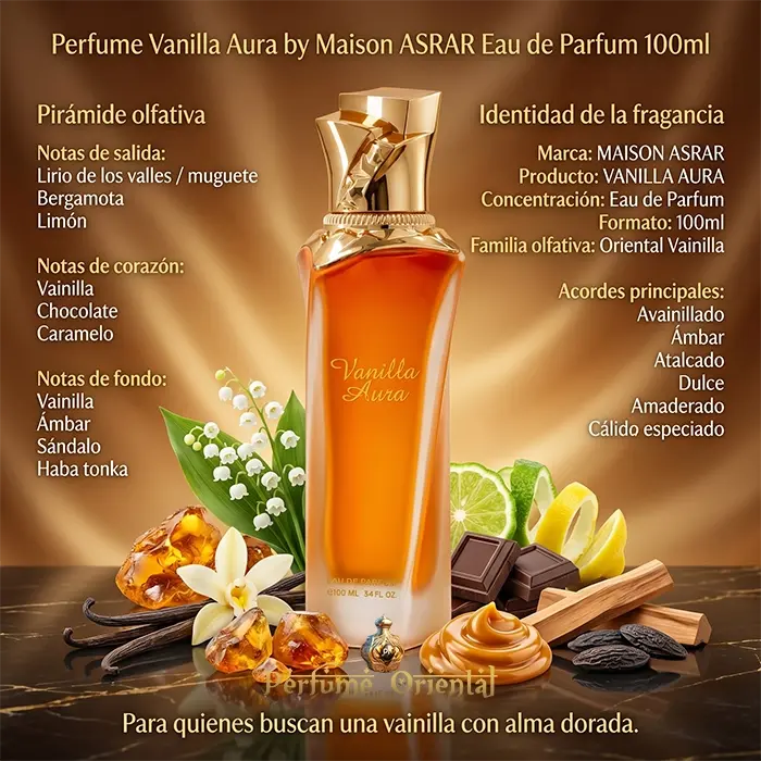 Vanilla Aura Perfume Maison Asrar 100ml Notas Vainilla Chocolate Caramelo Ámbar Oriental