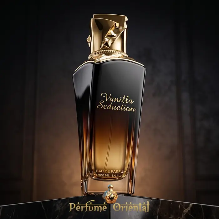 Vanilla Seduction Eau De Parfum Maison Asrar Botella Hero Shot Dorada Fragancia Vainilla Gourmand