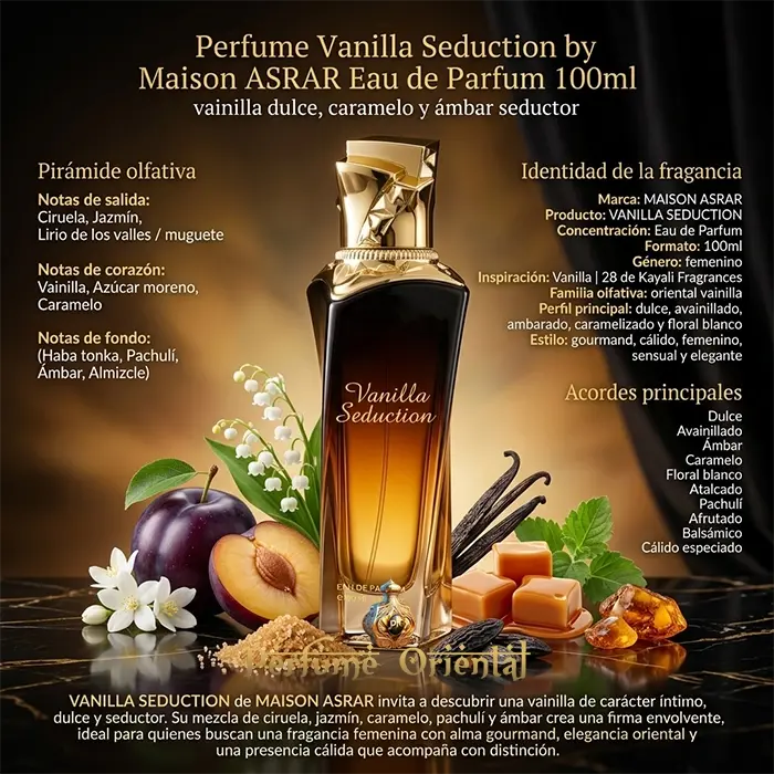 Vanilla Seduction Perfume Maison Asrar 100ml Notas Vainilla Caramelo Ámbar Dulce Oriental