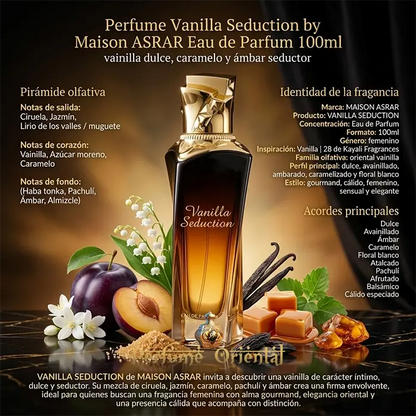 Vanilla Seduction Perfume Maison Asrar 100ml Notas Vainilla Caramelo Ámbar Dulce Oriental