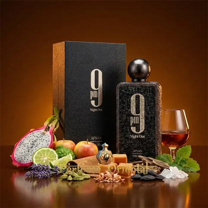 9 PM Night Out Afnan perfume oriental, notas de pitahaya, manzana, coñac, lavanda y bergamota, composición aromática de lujo, extrait de parfum unisex