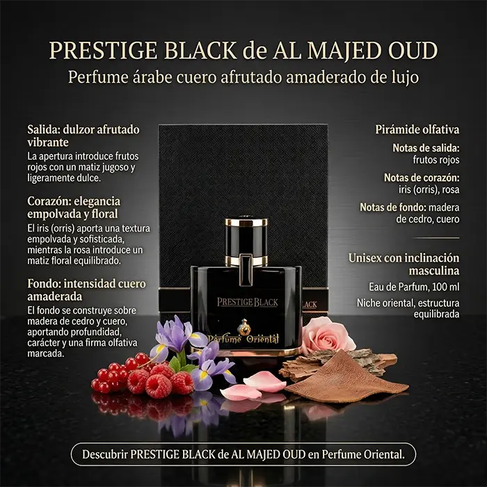 prestige black al majed oud perfume arabe unisex 100ml edp notas frutos rojos iris rosa cuero cedro perfume oriental lujo
