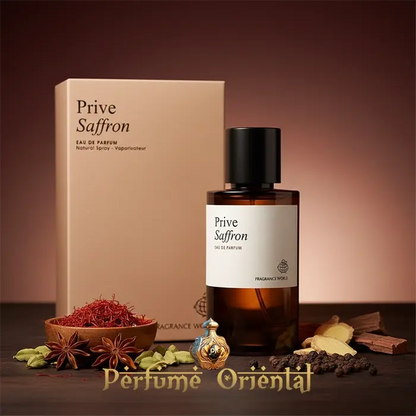 Privé Saffron – Fragrance World Eau de Parfum 60ml, perfume árabe unisex con azafrán noble, acorde especiado y base amaderada, fragancia oriental sofisticada