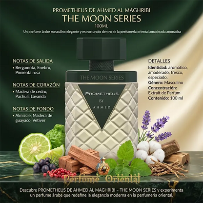 prometheus ahmed al maghribi perfume arabe notas bergamota enebro pimienta rosa cedro pachuli lavanda vetiver madera de guayaco