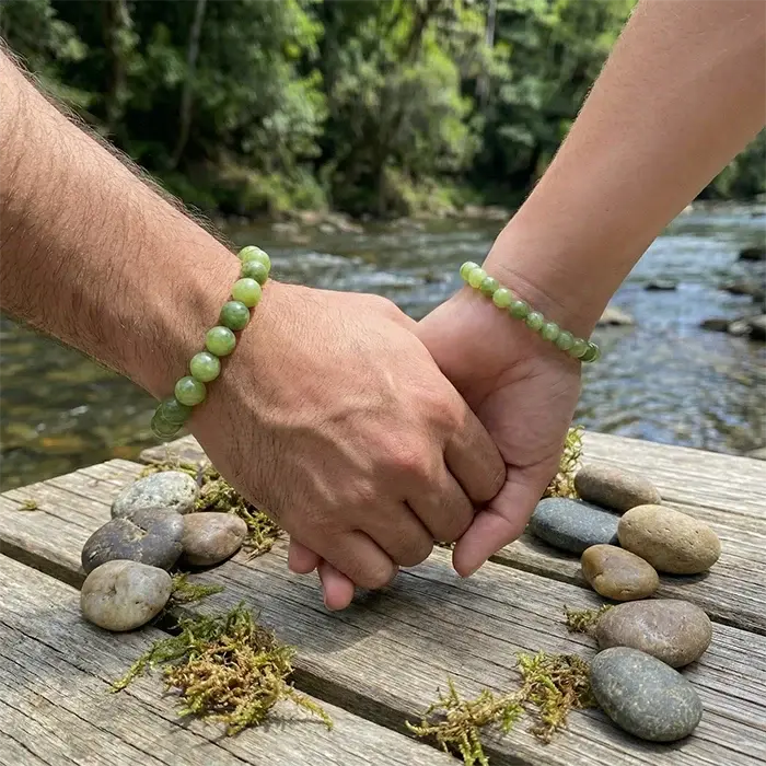 Pulseras de jade vietnamita natural en muñeca, cuentas verdes en exterior junto al río | AuryStone