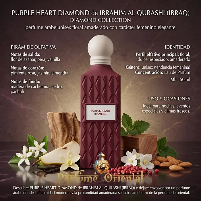 purple heart diamond ibrahim al qurashi perfume arabe unisex 150ml eau de parfum notas pera jazmin almendra vainilla floral dulce lujo