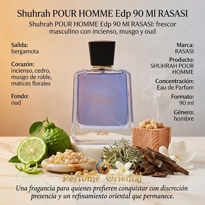 Shuhrah Pour Homme Notas Bergamota Incienso Cedro Musgo De Roble Oud Perfume Oriental Masculino Fresco Amaderado