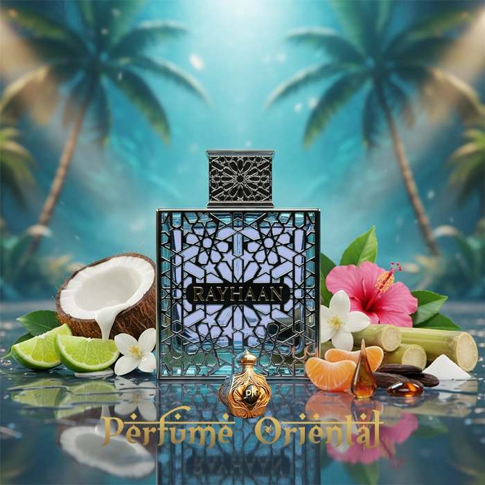 RAYHAAN AQUATICA 100ML EDP, perfume árabe masculino tropical con bergamota, lima, coco, hibiscus y caña de azúcar, fragancia similar a Virgin Island Water, exclusiva de Perfume Oriental.