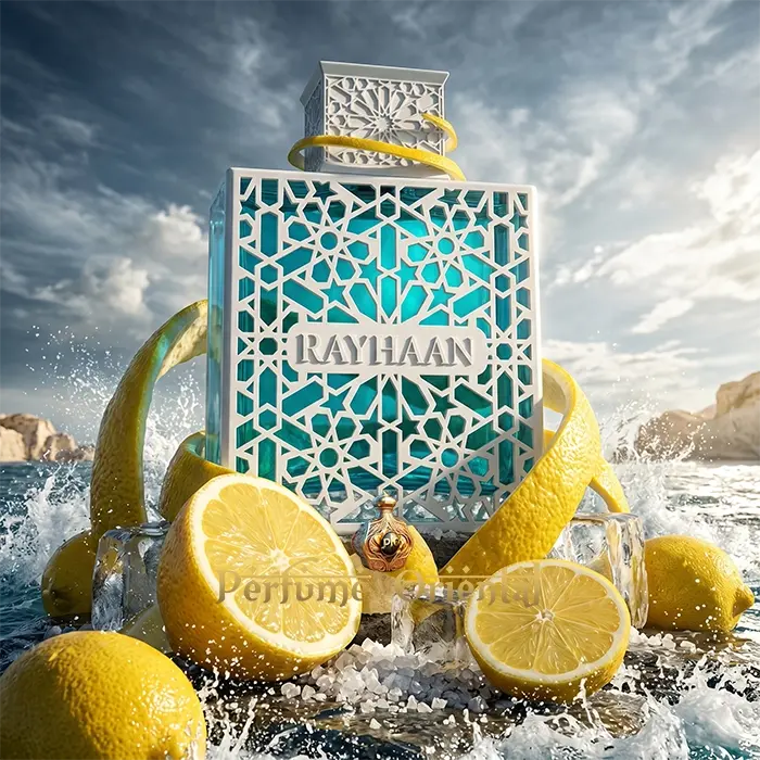 Rayhaan Azul Eau De Parfum Botella Hero Shot Estilo Fresco Marino Masculino Con Limón Y Hielo