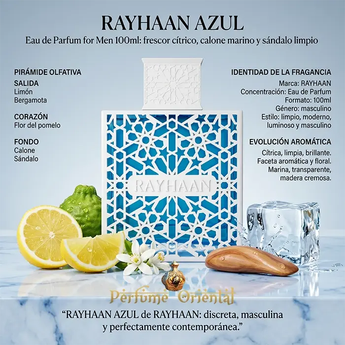 Rayhaan Azul Perfume Hombre 100ml Fragancia Cítrica Marina Con Limón Bergamota Calone Y Sándalo