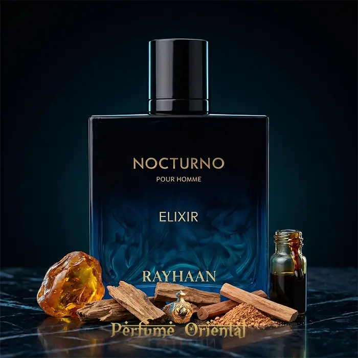 Nocturno Elixir Rayhaan Perfume Masculino Oriental Ambarado Con Fondo Amaderado Resinoso Elegante Y Nocturno