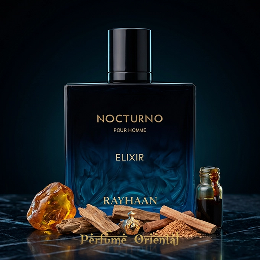 Nocturno Elixir Rayhaan Perfume Masculino Oriental Ambarado Con Fondo Amaderado Resinoso Elegante Y Nocturno