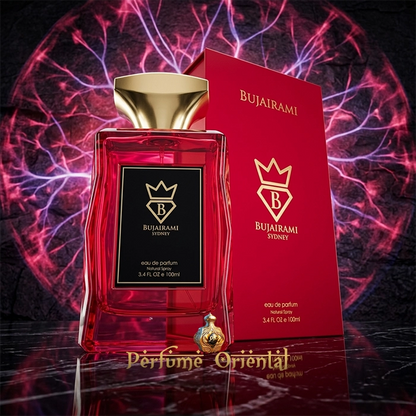 Red Static Bujairami perfume árabe floral afrutado intenso en imagen de campaña con efecto eléctrico y aura roja