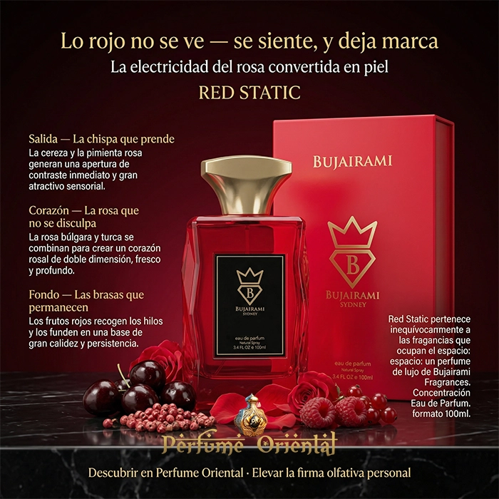 Perfume árabe Red Static de Bujairami con pirámide olfativa – cereza, pimienta rosa, rosa, almizcle y sándalo